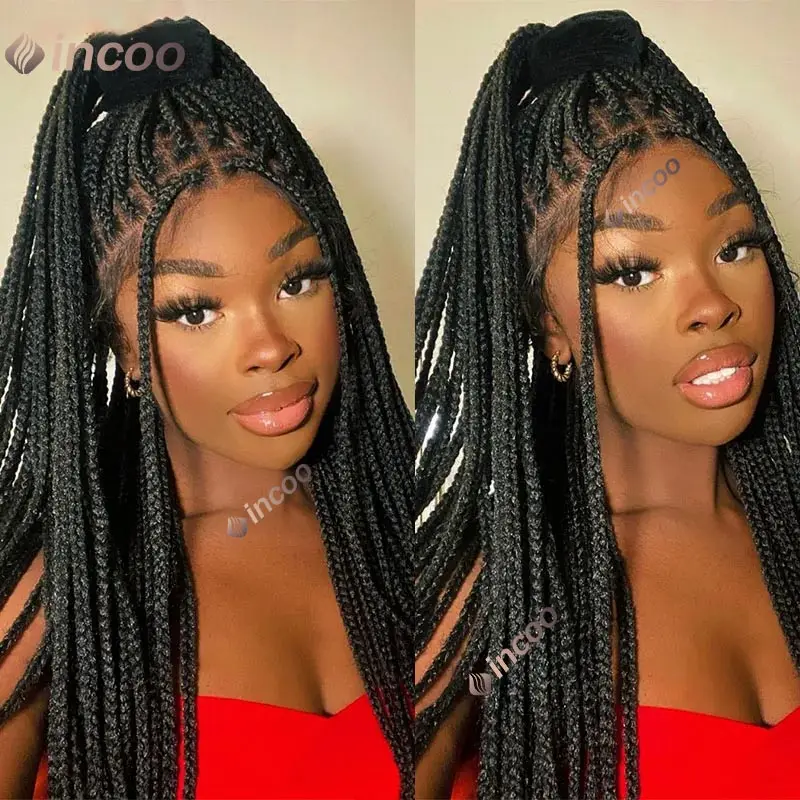 Full Lace Braided Wigs for Black Women 36 Inches Synthetic Jumbo Knotless Box Square Braids Wig Lace Frontal Wig Afro American