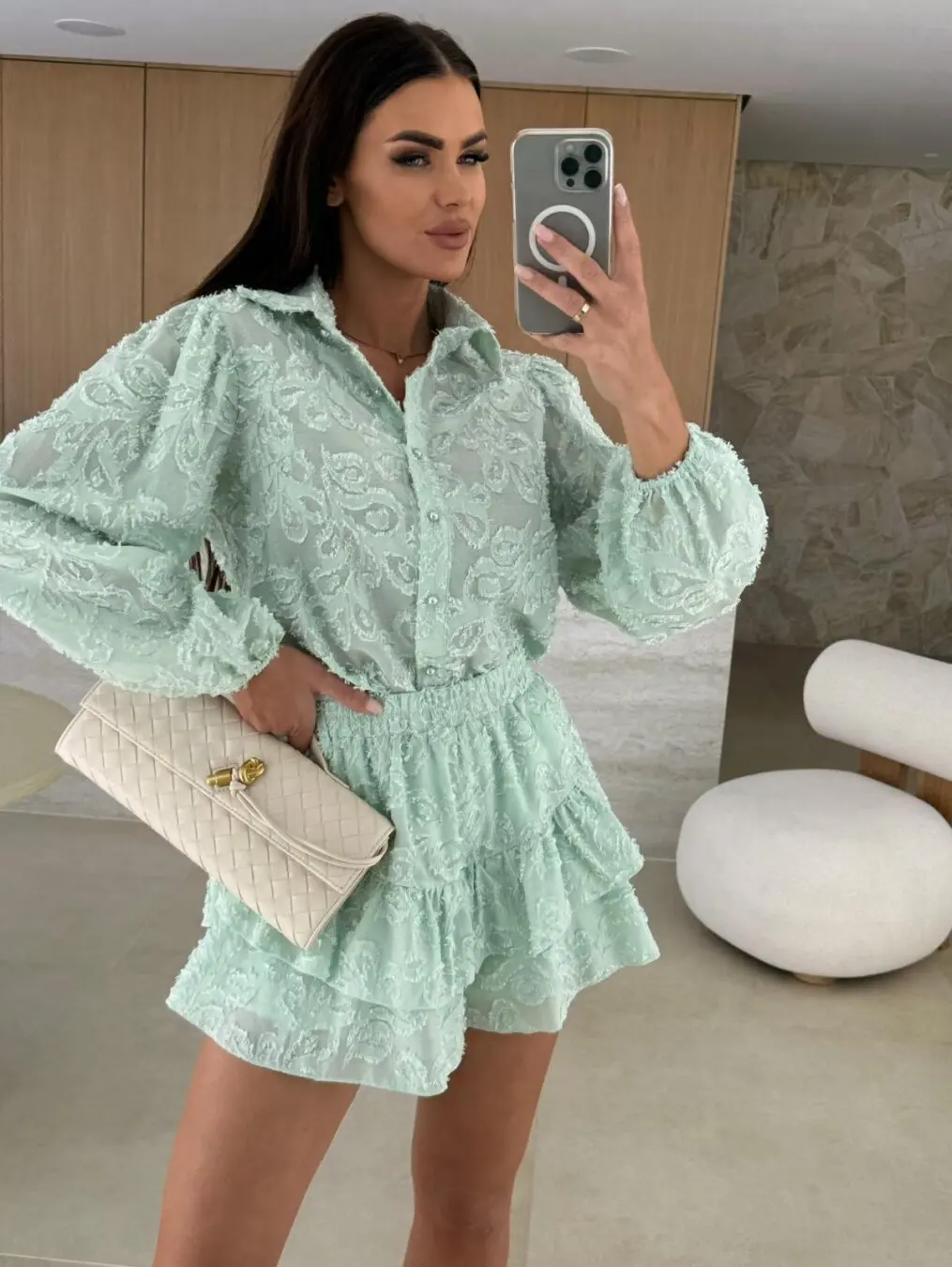 

Lace Hollow Out Skirt Set For Woman 2026 New Summer Elegant Chic Long Sleeve Shirt+A-line Mini Skirt White Casual 2 Piece Sets