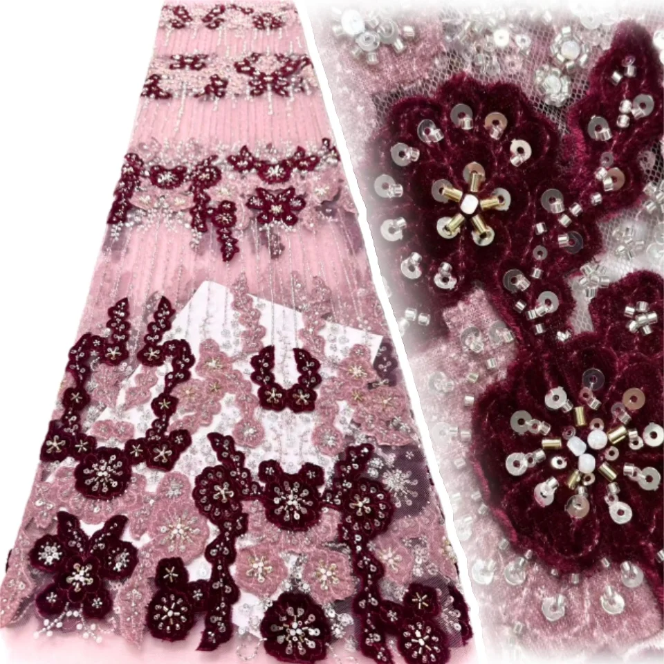 Nigeryjska luksusowa tkanina z cekinami, aksamitna koronka 2025, wysokiej jakości afrykańska koronka z koralikami dla kobiet, na suknie ślubne i imprezowe CC1674