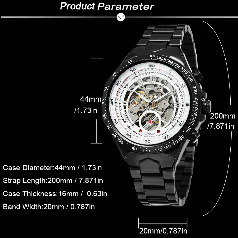 ساعة T-WINNER Business كاجوال للرجال أوتوماتيكية هيكل عظمي ميكانيكية ريترو سوداء مجوفة من الفولاذ المقاوم للصدأ ساعة يد رياضية للرجال