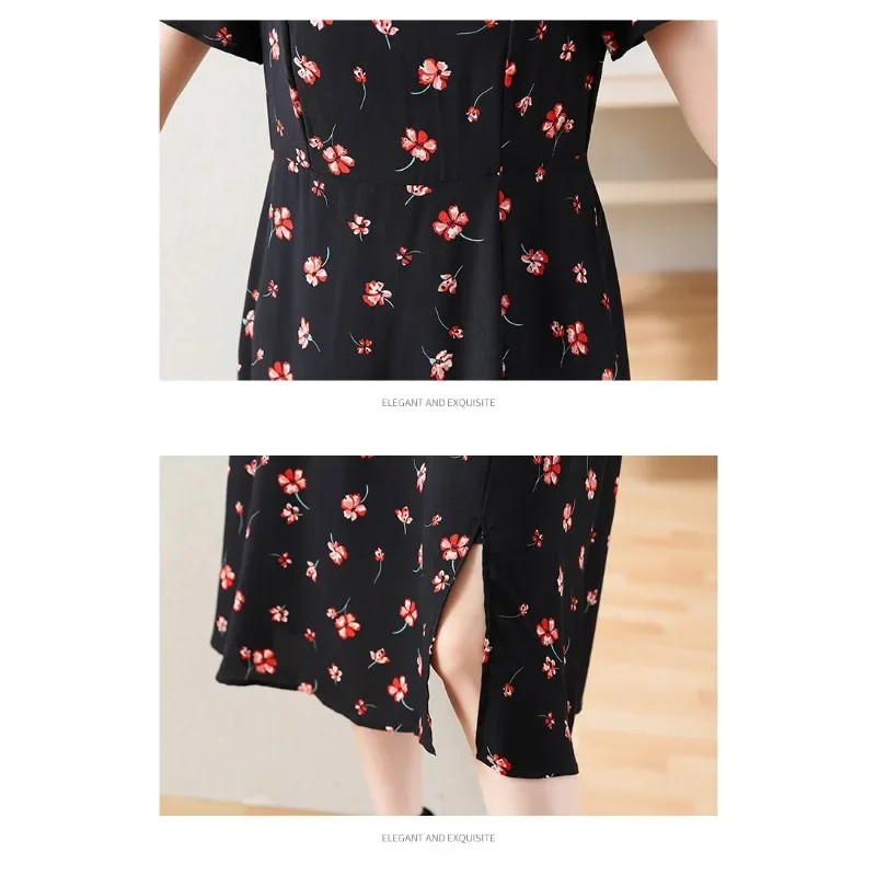 Women High Quality Floral Short Sleeve Midi Dress 2023 4XL Korean Black Casual Spring Summer Elegant Bodycon Party Plus Size