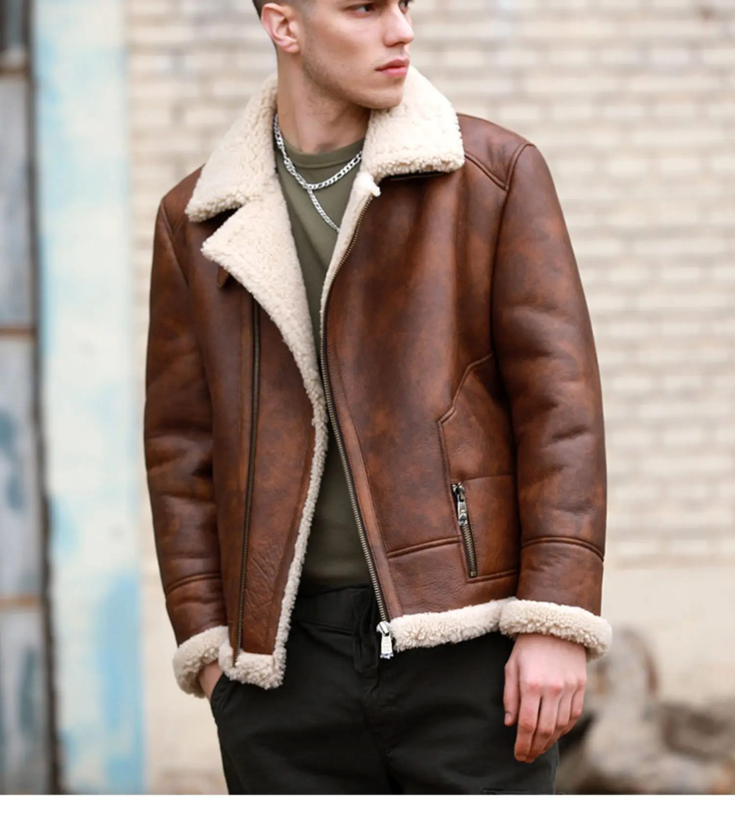 New Winter Fashion Cloth Men\'s Pilot Coat Genuine Sheepskin Shearling Leather Jacket for Male Motorcyclist High Street Brown 5XL