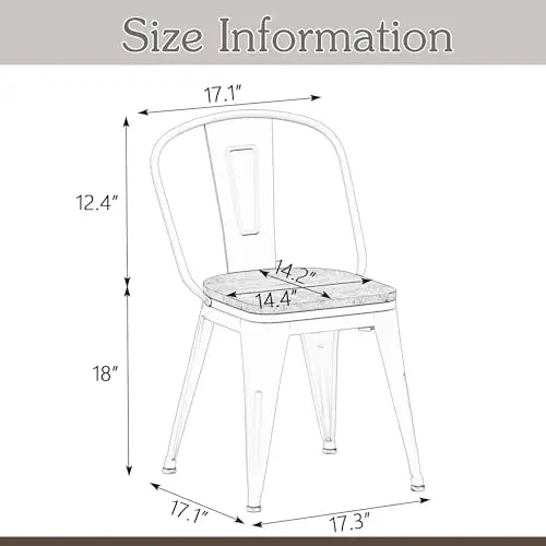 طقم كراسي طعام معدنية مقاس 18 بوصة مكون من 4 قطع، كراسي مزرعة حديدية عالية الظهر، قابلة للتكديس الصناعي، مقعد خشبي - فضي