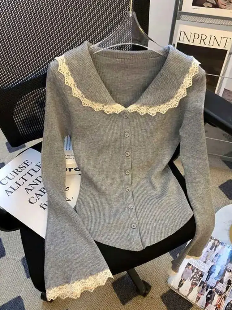 

Lace Splice Red Long Sleeved Knitted Cardigan Women Autumn Winter Fashion Bell Sleeve Irregular Hemline New Top Women Trend