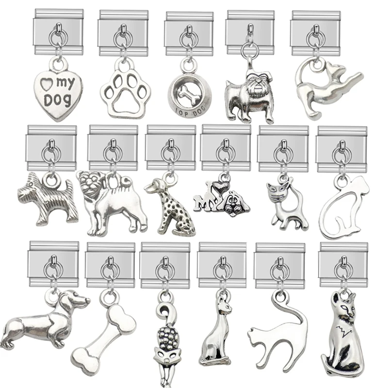 Cute Kitten Charm Lucky Dog Pet Series Stainless Steel Accessories Italian Charm Bracelets Kit Links Fit 9mm Jewelry DIY Making