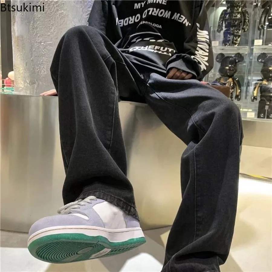 2025 الخريف الرجال الجينز الدنيم بنطال ذو قصة أرجل واسعة طول الأرض بانت فضفاض عادية عالية الخصر منتظم الصلبة بسيطة مستقيم بنطلون #6