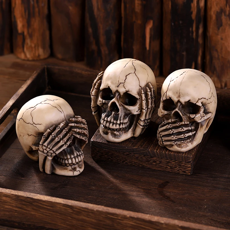 Set of 3pcs No Evil Resin Skulls Figurine Human Skull Statue Head Sculptures Skull Collectible Halloween funny Skull Home Decor