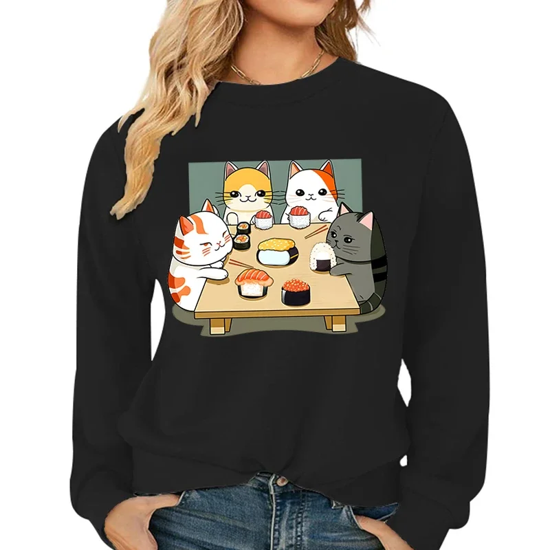 Cute Kawaii Sushi Cat Print Women Fashion Sweatshirts Sushi Lover Gift Hoodies Women Cartoon Cat Love Sushi Graphic Sweatshirt