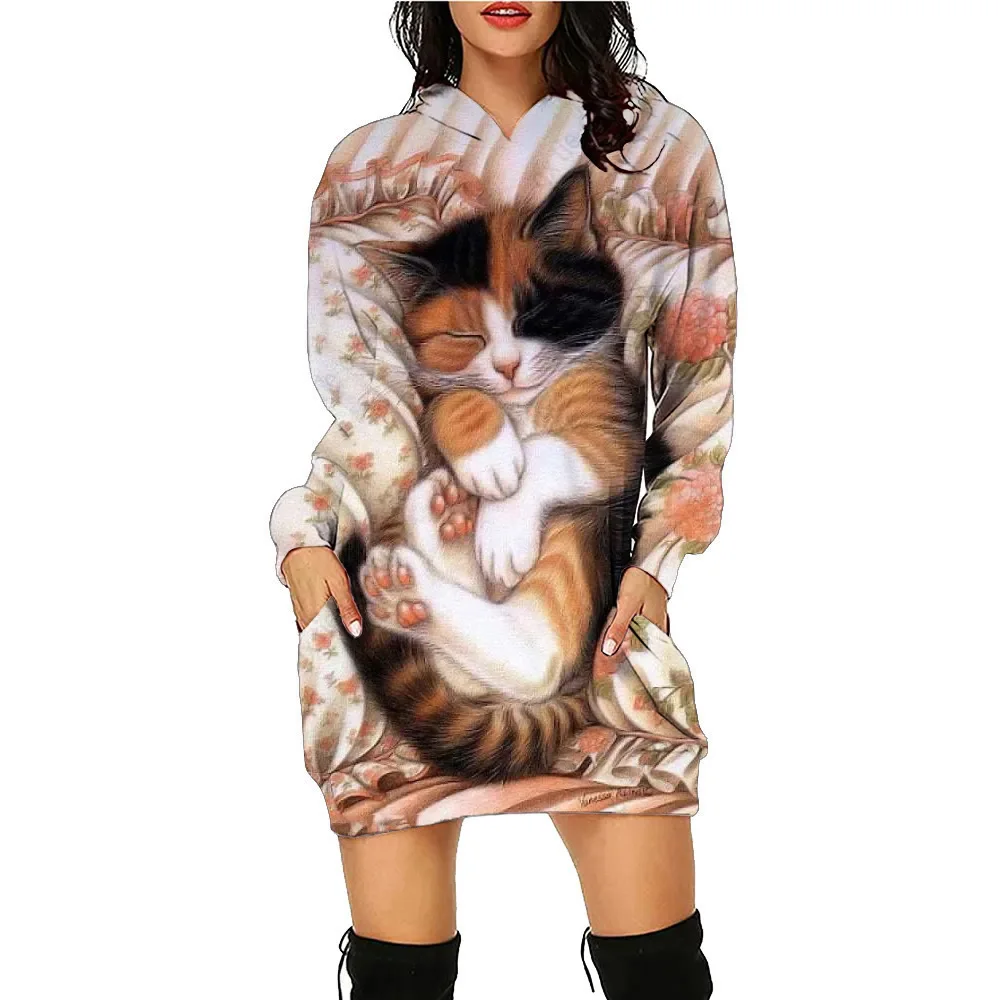 Cats Printed Hoodie Dress Animal for Women Daily Workout Hoodies Long Sleeve Pullover Autumn Winter Loose Tee Traf Vestido