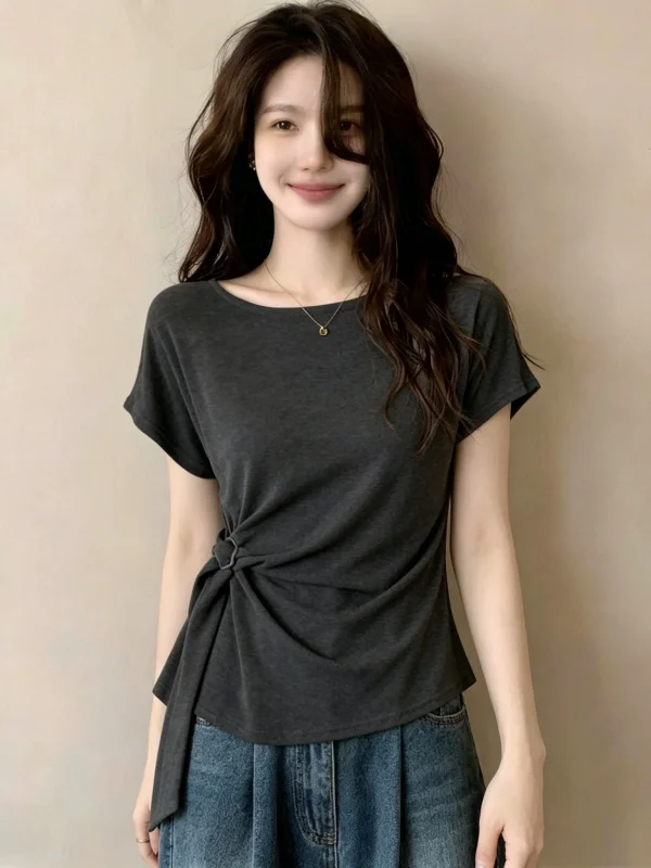 Gray Short Sleeve T-Shirt Women's Design Sense Shoulder Length Uneven Waist Cinched Summer New Style plus Size Fat MM Top