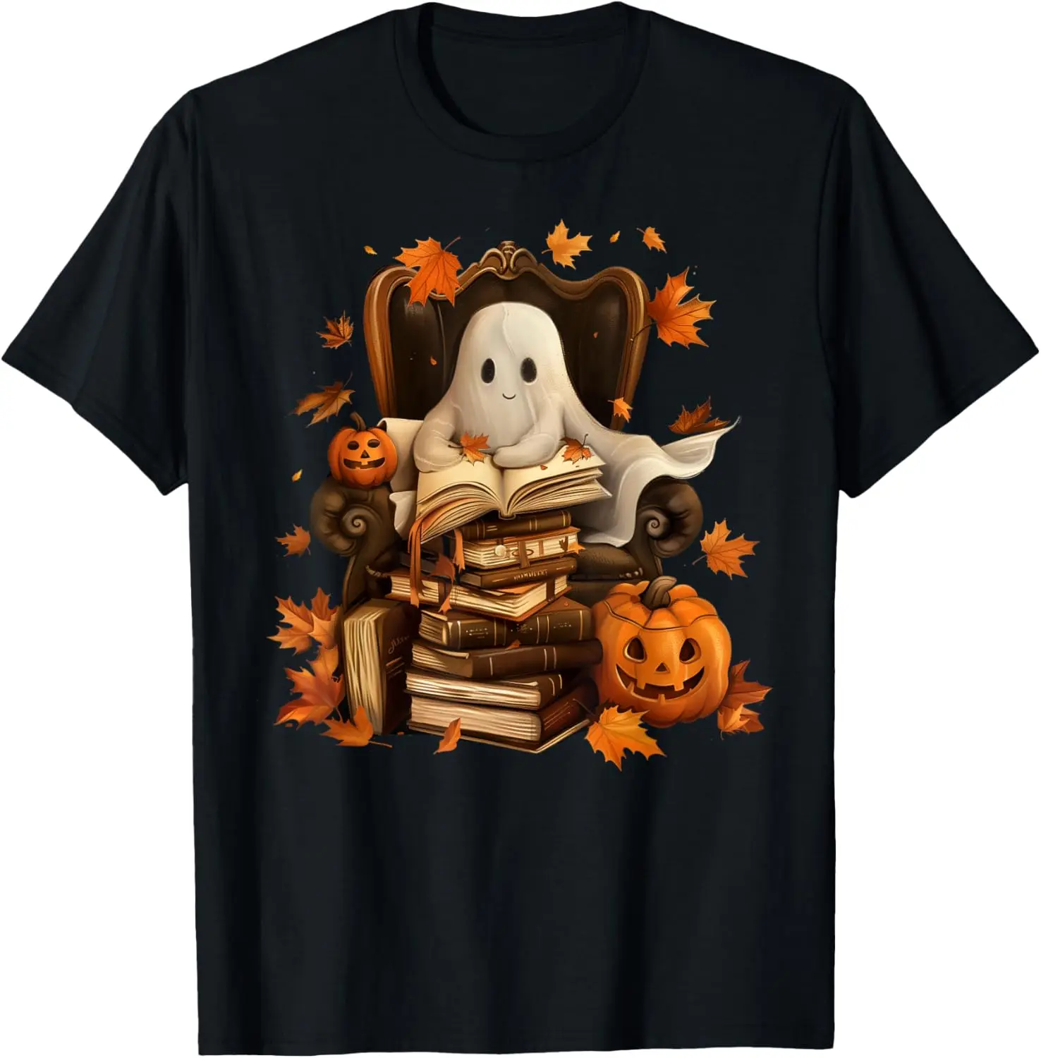 Vintage Ghost Book Reading Pumpkin Gothic Halloween Teachers T-Shirt