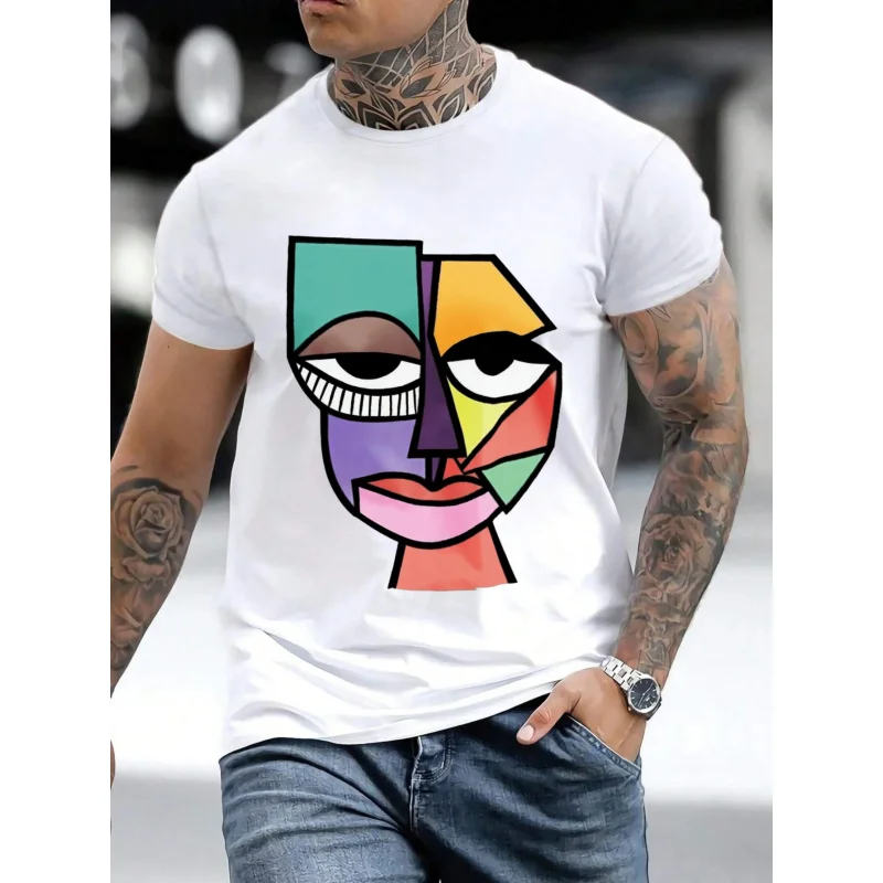 

Men's T-Shirt White Abstract Cubist Face Print High Quality Cotton 180g