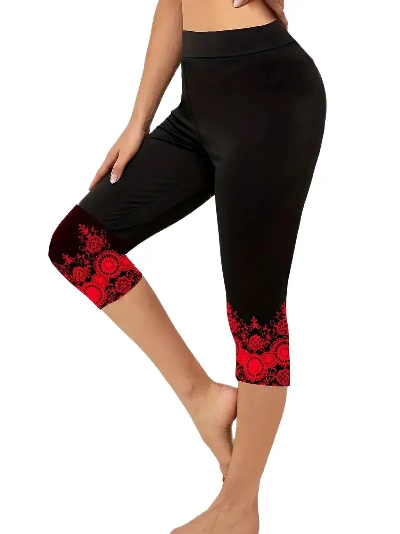 Print elastic elastic waist slim-fit leggings casual women\'s capri pants