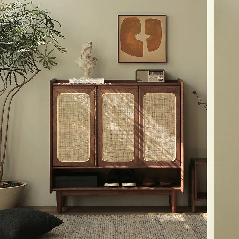 

Black walnut shoe cabinet Entrance cabinet Solid wood Japanese oak door cabinet Rattan breathable locker