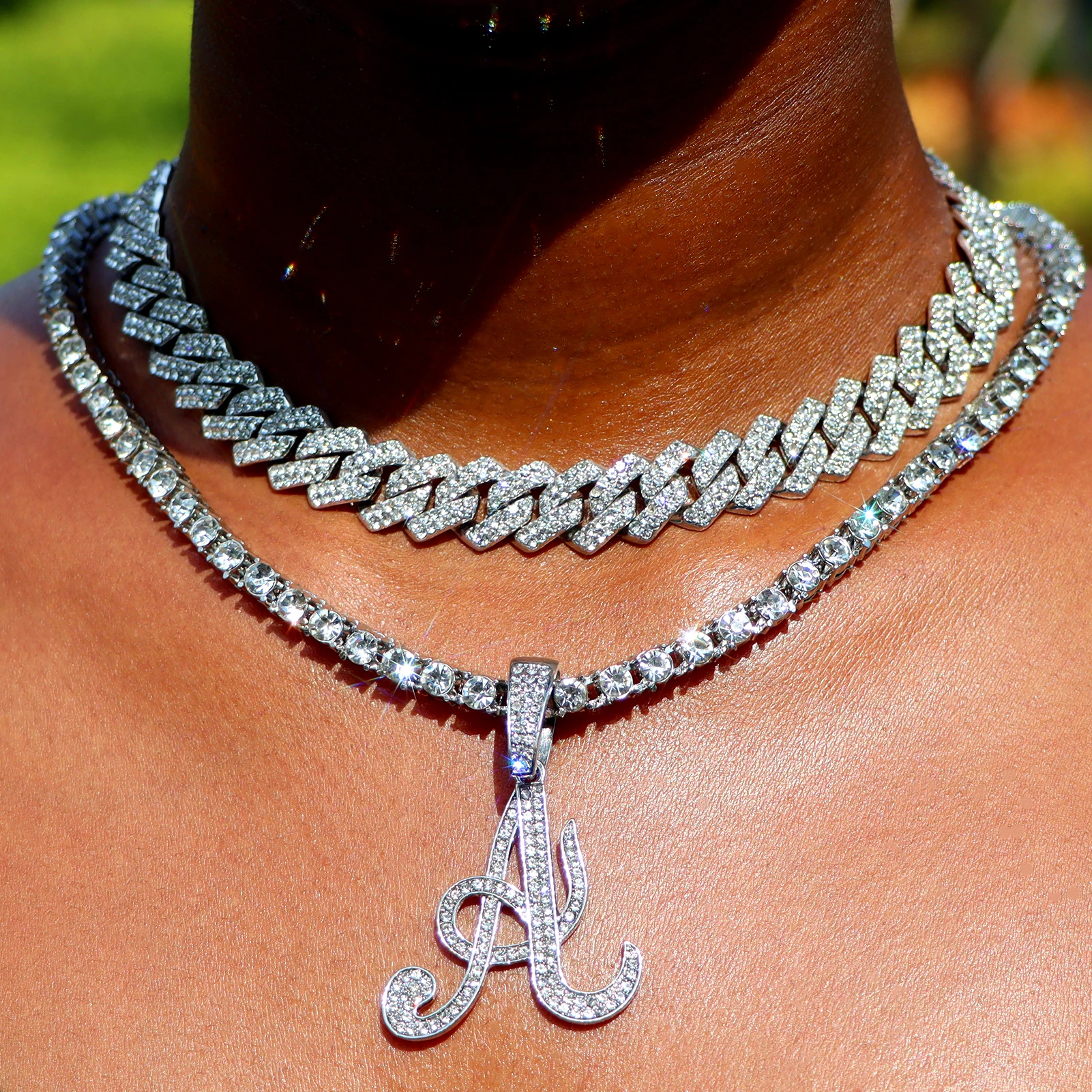 Iced Out Prong Cuban Chain Choker Necklace Bling Crystal Cursive Initial Tennis Chain Letters Pendant Necklaces Birthday Jewelry