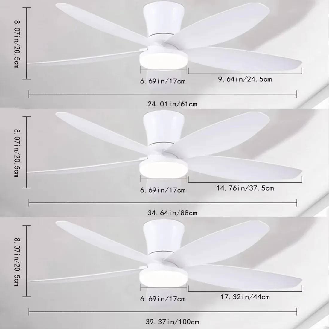 Ventilatore da soffitto a basso profilo con luce e telecomando, dimmerabile e silenzioso, adatto per camere da letto e cucine.