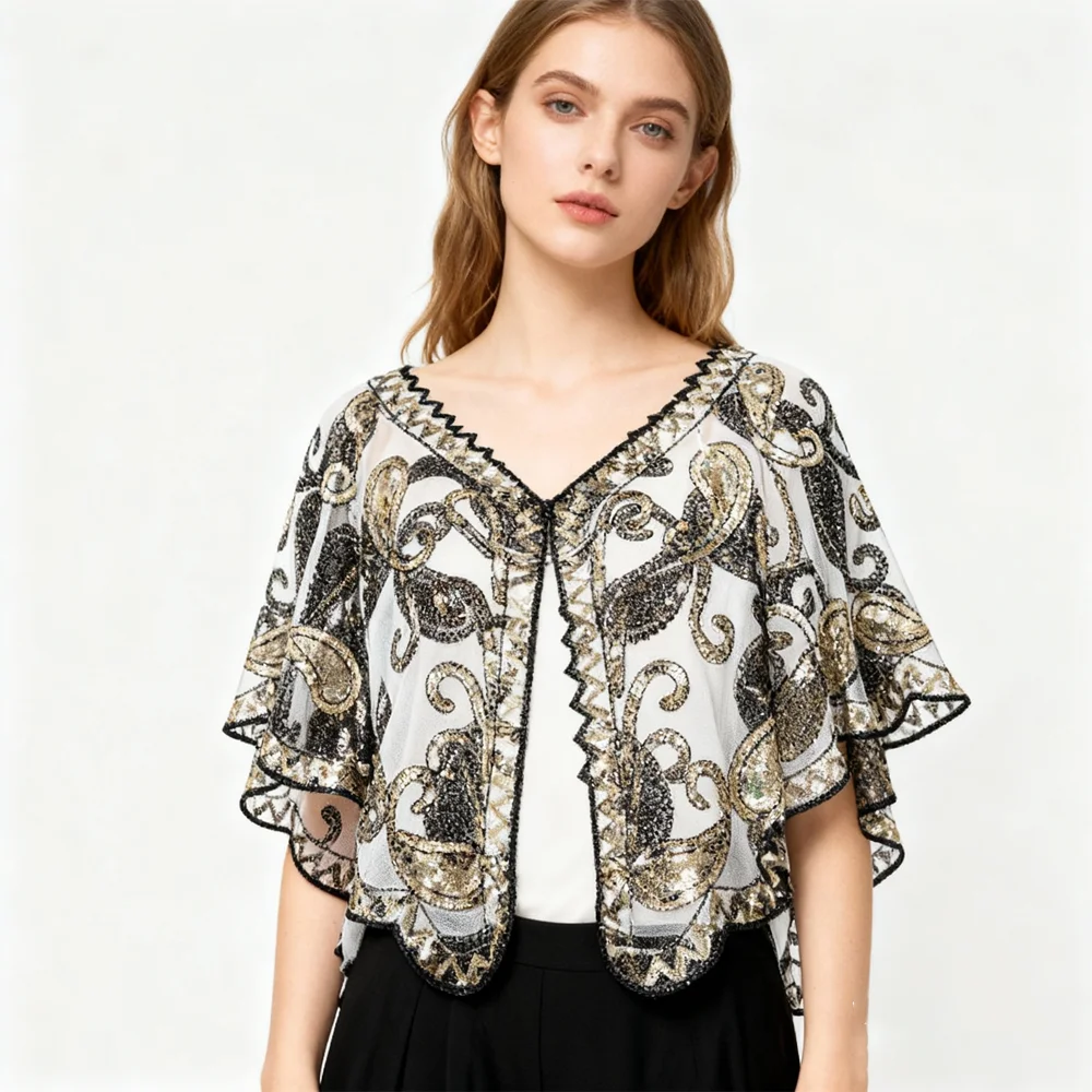 PESENAR Scialle in pizzo con paillettes dorate stile anni '20 per costume da flapper e accessorio Gatsby vintage