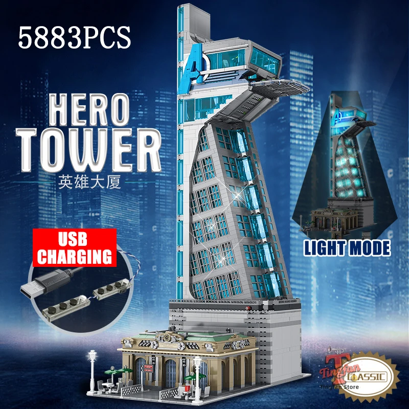 

5883PCS Creative Expert Super Heroes Modular Bricks Street Views Model With Light 55120 Heroes Tower Building Blocks Kids Gifts