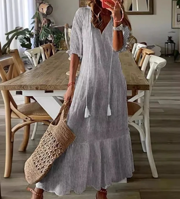 

Women's Vacation Dress 2024 Summer Autumn Latest V-Neck Short Sleeved Rope Hanging Maxi Dress High Waist Loose Waist Long Skirt