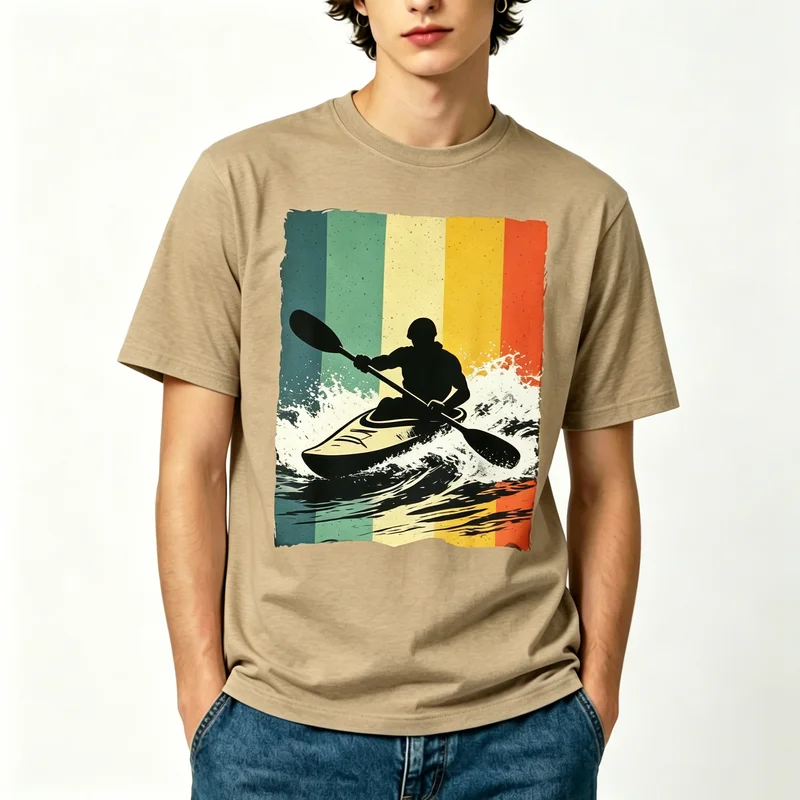Outdoor Adventure Kayaking T-Shirt Men Retro Paddling Silhouette Graphic Tee Vintage Sportswear Wave Crashing Print Summer