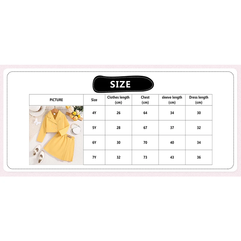 Kids Clothes Set 4-7 Years Spring Autumn Girls Short Yellow Suit Jacket + Skirt Elegant Fashion Children Baby Formal Clothes Set