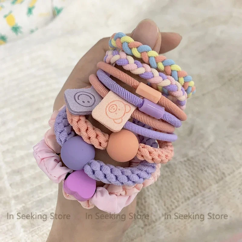 10 sztuk dziewczyny kobiety Scrunchies opaska do włosów elastyczna gumowa opaska do włosów kolorowe dziecięce akcesoria do włosów lina pierścień gumowe felgi nakrycia głowy