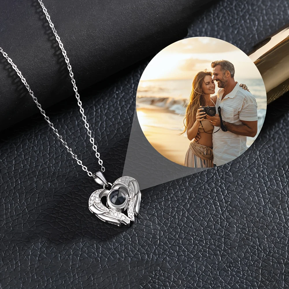 Custom Color Photo Projection Necklace Zircon Copper Pendant Titanium Steel Chain Girlfriend Mom Birthday Festival Romantic Gift