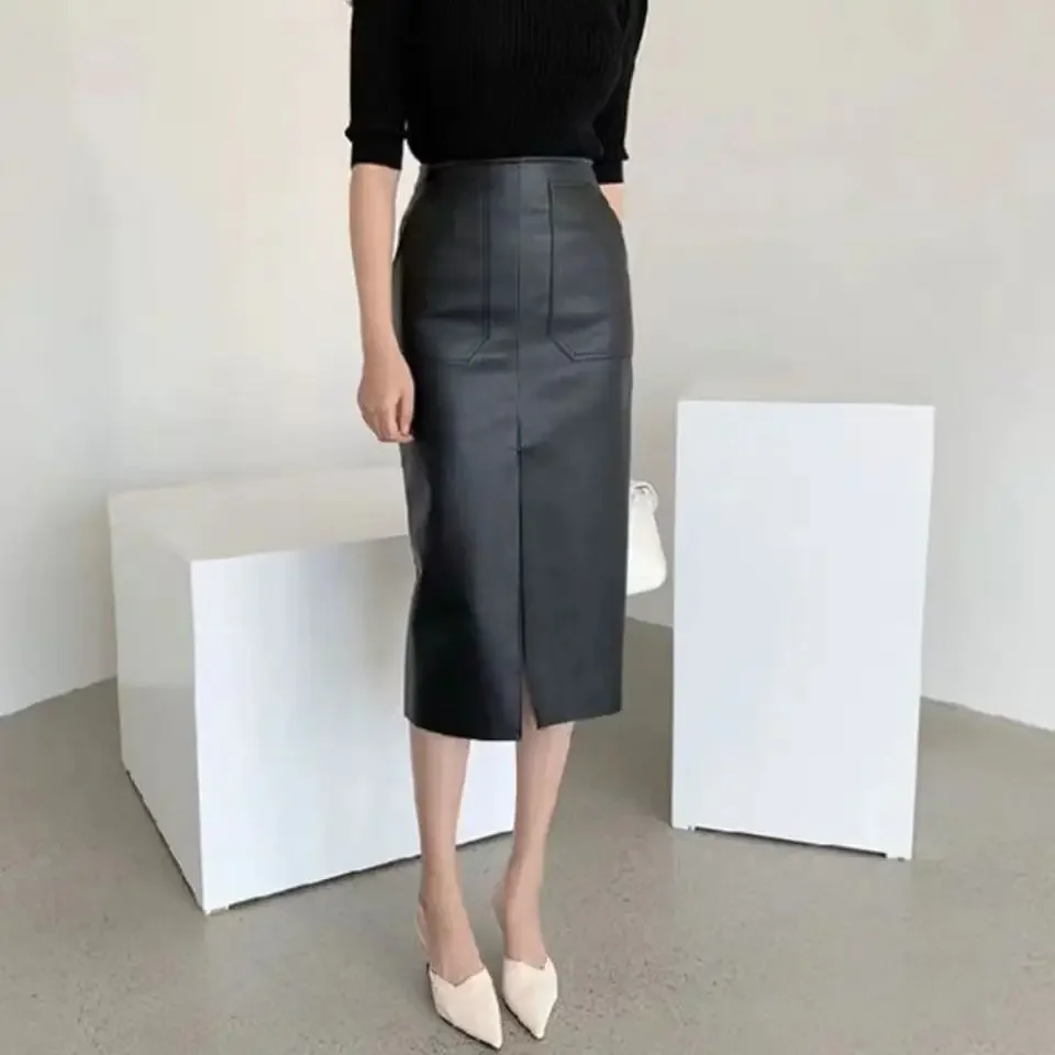 PU Leather Midi Skirt for Women, Front Center Opening, Split, Long, Casual Fold, High Waist Pocket, Fashion, New, Custom, 2023