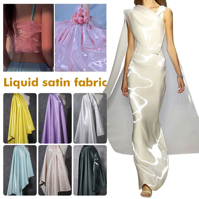 150Cm Breed Luxe Glossy Metallic Vloeistof Satijnen Stof Galaxy Shiny Fine Polyester Doek Voor Modeshow Jurk Comfort Materiaal