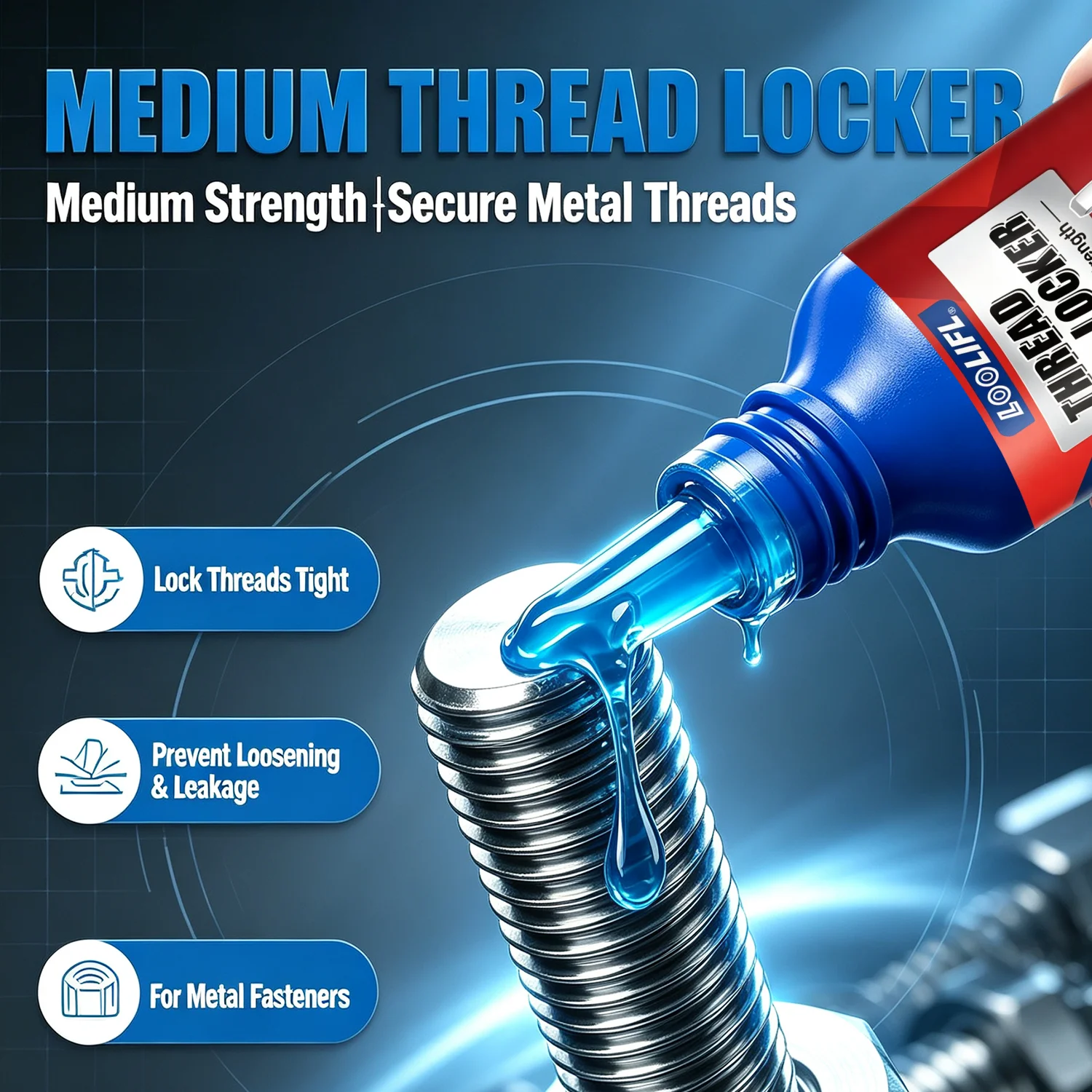 Hread Lock Blue Medium Strength, Lock & Seal Nuts, Bolts, Fasteners and Metals, Blue Threadlocker Against Losening and Leakage