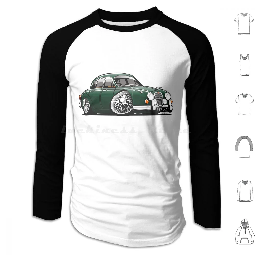 Mark 2 Jag Caricature British Racing Green Hoodies Long Sleeve Mark 2 2 Mark Ii Jag Mark Two British Saloon Sportscar