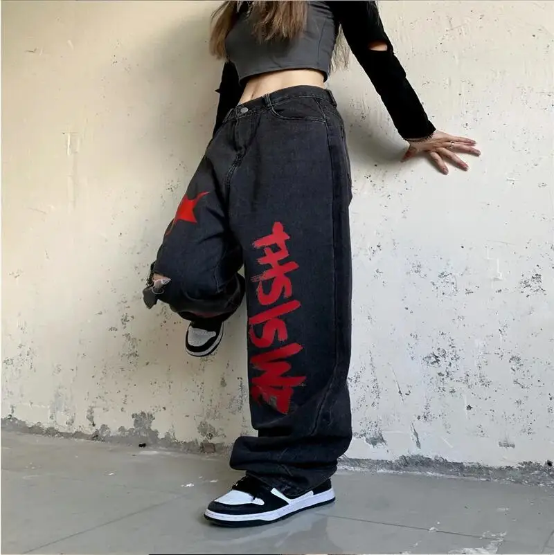 

Women Vintage Ripped Jeans Red Star Print Cargo Pants Goblincore Cyber Y2k Denim Wide Leg Pants Casual Straight Baggy Trousers
