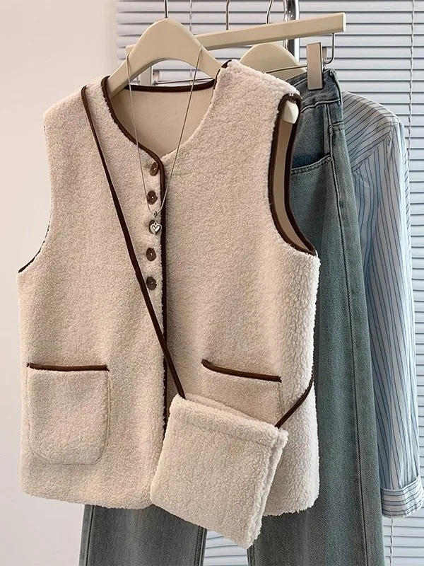 

Korean Sle Lamb Fur Vest Women's Autumn Winter Warm Outerwear Faionable oulder Pad Top round Ne Regular Length