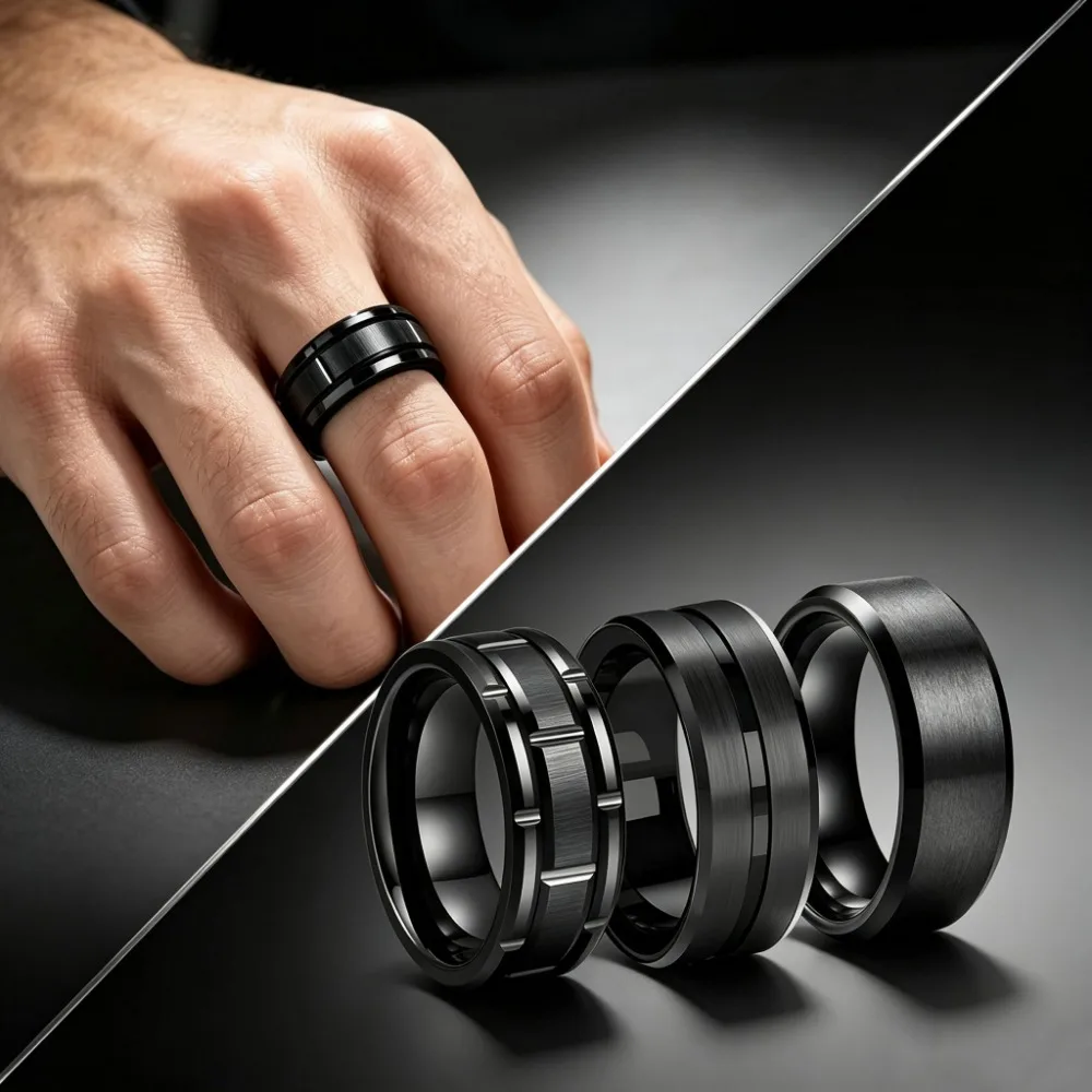8mm Black Stainless Steel Double Groove Beveled Edge Men Wedding Band Ring Trendy Engagement Jewelry Accessory for Men