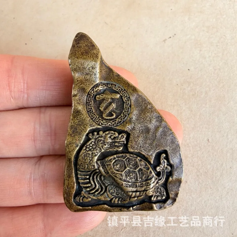 Tibetan-style Buddhist amulet pendant, vintage brass basalt desktop ornament, study desk paperweight, tea pet decoration