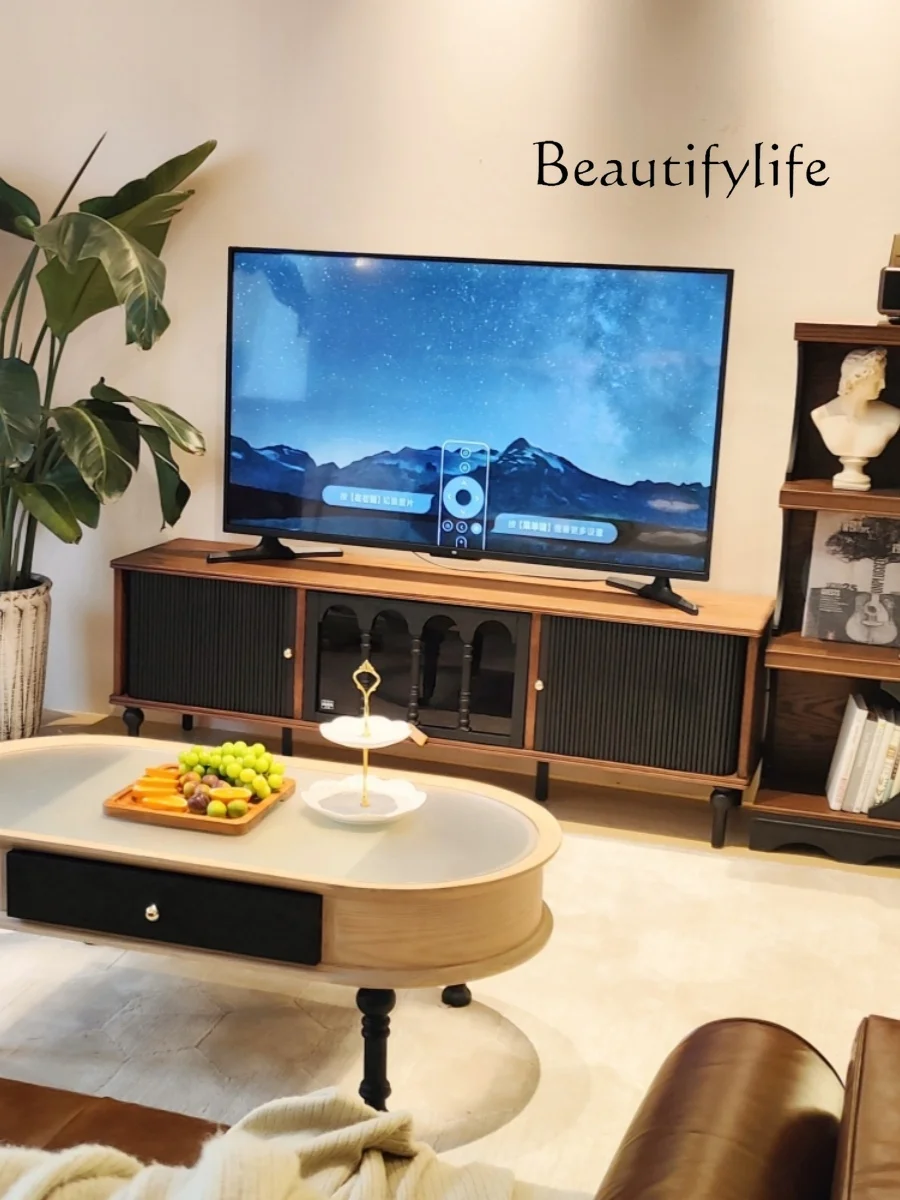 French Retro Solid Wood TV Cabinet Coffee Table Combination American Living Room Locker Mid-Ancient Audiovisual Cabinet