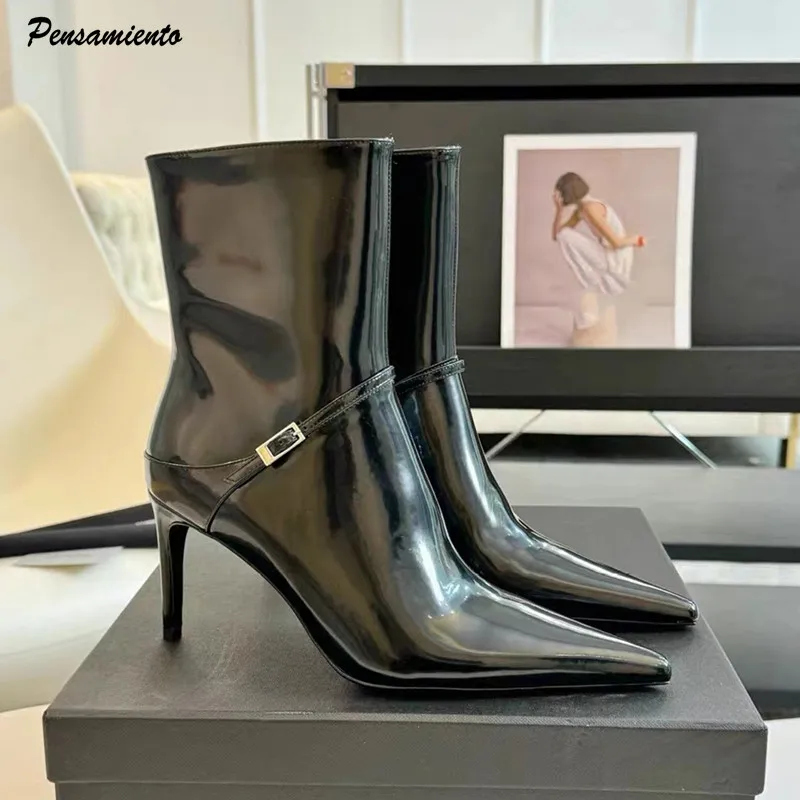 

Autumn Winter Fashion Patent Leather Strap Buckle Women Ankle Boots Elegant Pointed toe Stiletto High heels Chelsea Boots Shoes