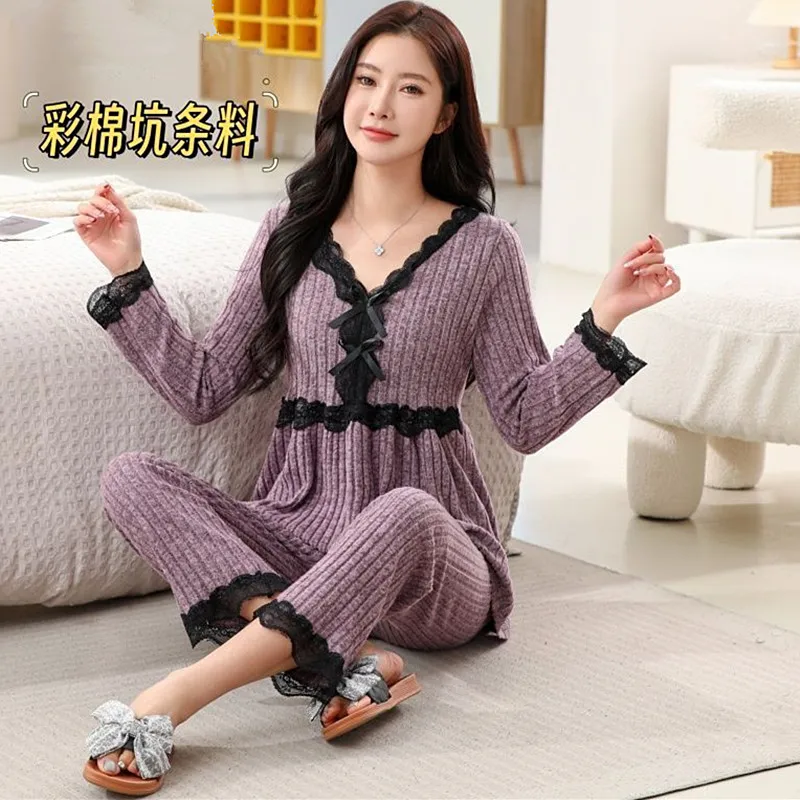 

Ensembles Пижамы Новые пижамы с v-образным вырезом и длинными рукавами для женщин Кружевной бархатный теплый комплект одежды для сна Сексуальная весенне-осенняя ночная рубашка Домашняя одежда