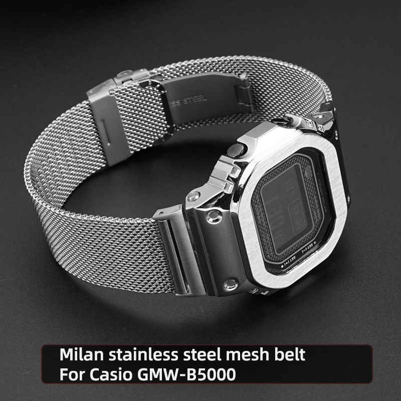 ميلان شبكة من الاستانلس استيل حزام ل كاسيو GMW-B5000 Gmw b5000 GM-B2100 حزام الرجال الرياضة الأسود الفضة معدن الفرقة سوار