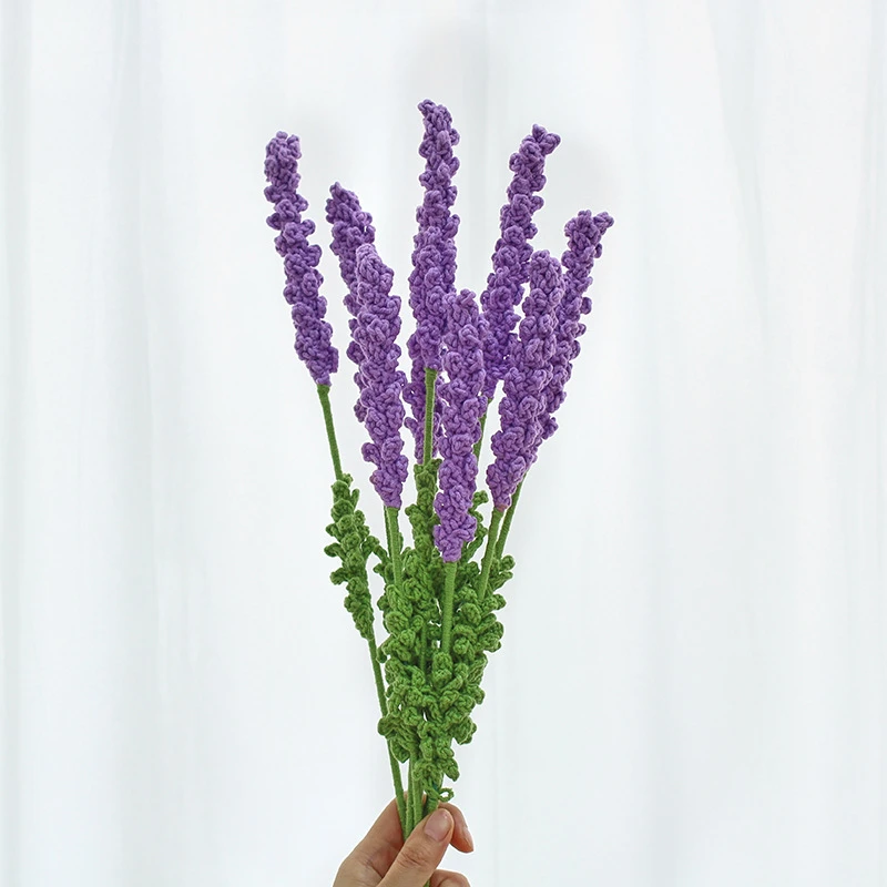 Set of 10 Cotton Yarn Crochet Finished Lavender Artificial Flower Bouquet Handmade Gift for Friends Home Decoration