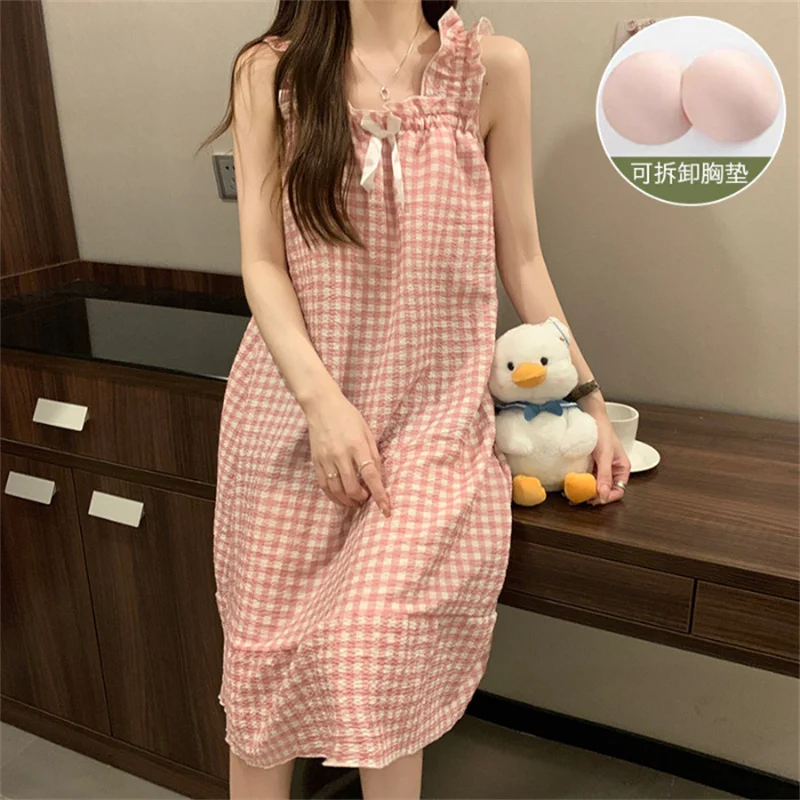 korean Reviews Many Pajamas Dress Sweet Sleeveless Summer Nightdress Print Cotton Women\'s Nightgowns Bra Pad Sleep Shirts