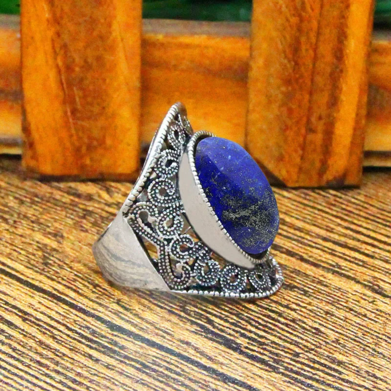 Oval Lapis Lazuli Rings For Women Natural Stone Flower Rings Vintage Antique Silver Plated Fashion Jewelry TR622