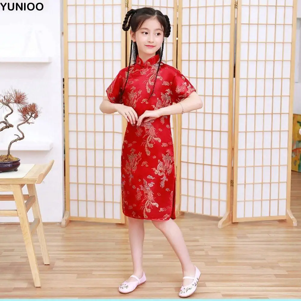 

Niche Design Summer Autumn Dragon Phoenix Pattern Kids Traditional Dress Qipao Girls Cheongsam Chinese Style Dress Girls Skirt