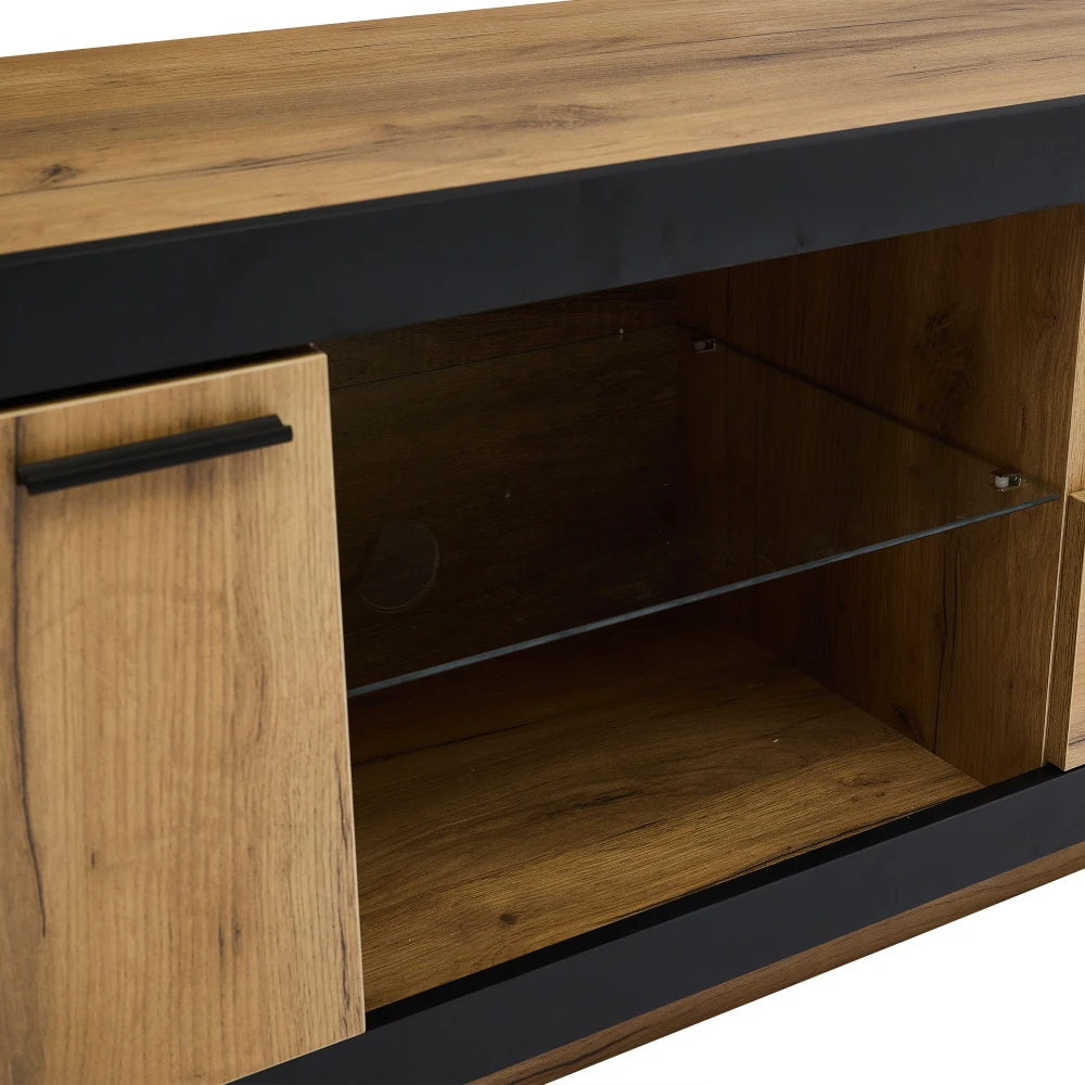 Mueble para televisor de color negro y madera de roble, diseño moderno, con estantes de cristal, consola para televisor con espacio de almacenamiento, mueble para juegos y dispositivos multimedia, ideal para televisores de 70, 65 y 55 pulgadas, para la sala de estar, el dormitorio o cualquier otro espacio del hogar.
