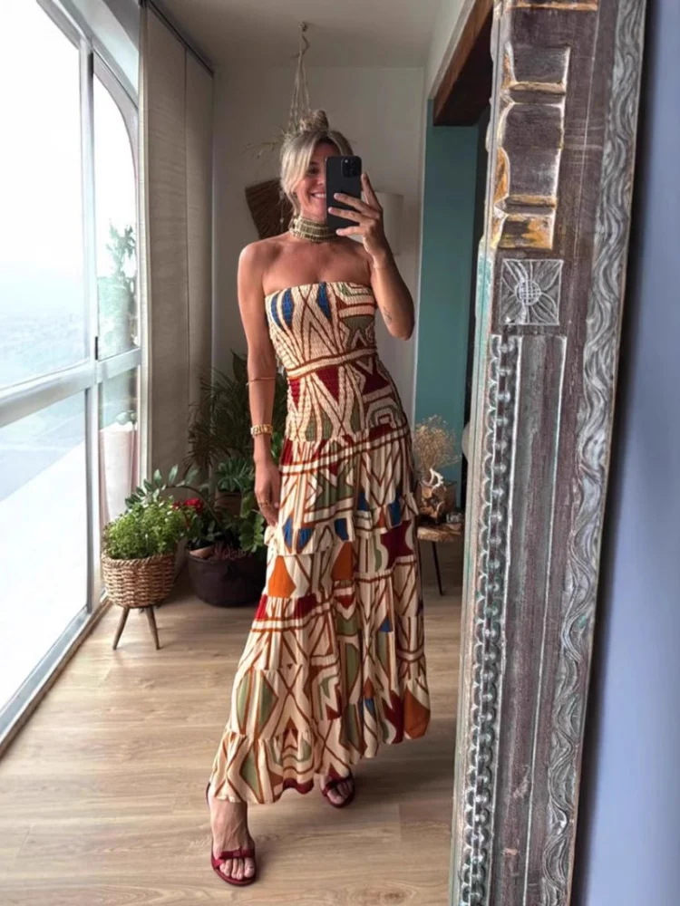 

sister star Summer Women's Literary Retro Bohemian Style Printed Halter High Waist Dress Wholesale Vacation Eye-catching Dresses