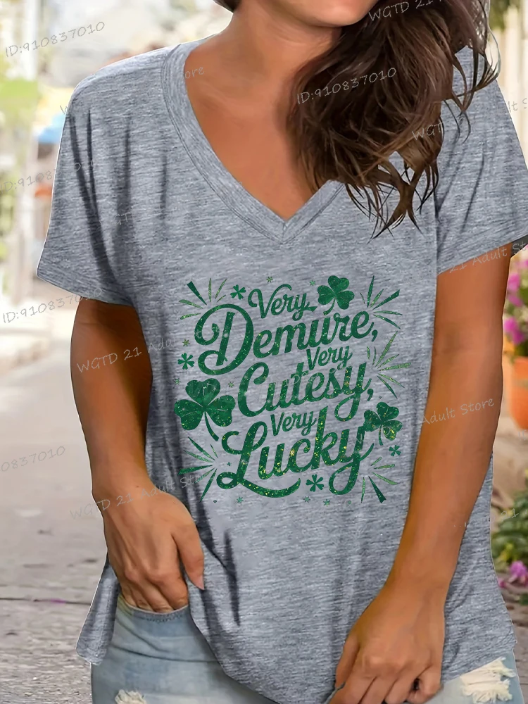 Very Cutesy Verylucky Letter Print T Shirt Women Funny St Patrick's Day Party Tees Short Sleeve Fashion Green Clover V Neck Tops