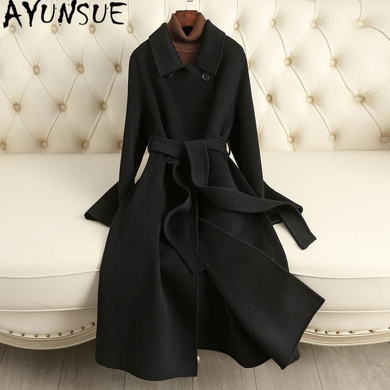 AYUNSUE 100% Real Wool Coat for Women 2024 Fashion Black Long Coats Woman Autumn Winter Clothes New in Outerwears Пальто Женское