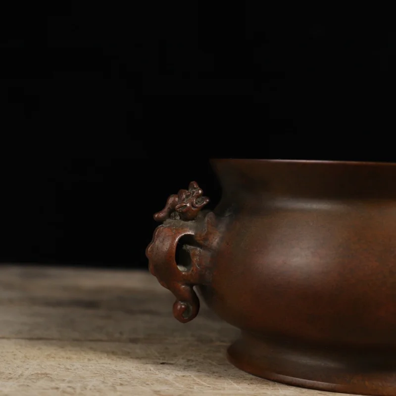 ornament, Suzhou-style copper double dragon ear incense burner with stand, home and office desk decoration