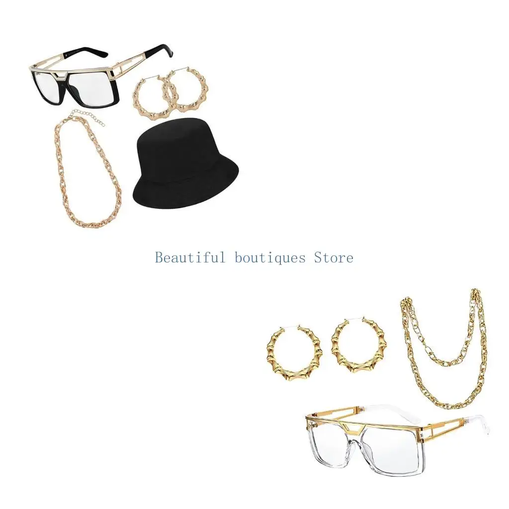 U4LF 90s-Inspired Hip-Hop Jewelry and Accessory Set with Gold-Tone Chain, Bamboo-Style Earrings, Bucket Hat, Glasses, and