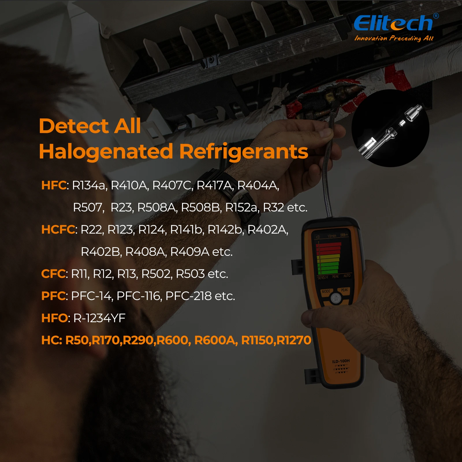 Elitech ILD-100H HVAC rilevatore di perdite di refrigerante sensore a diodi riscaldato Life alogeno Freon Sniffer, rilevamento dell'aria condizionata